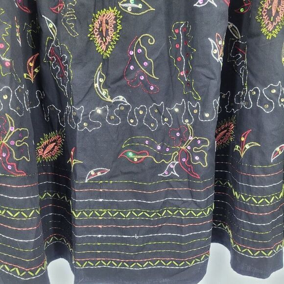 Vintage 90s Midi Skirt 12 Black Floral Embroidered Cotton A-line Full Boho - Picture 2 of 10